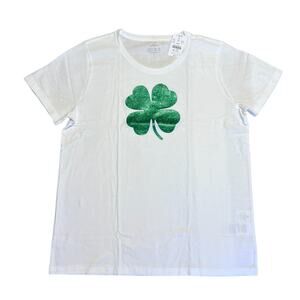 **NWT J. Crew White W/Green Glitter Clover Graphic Tee